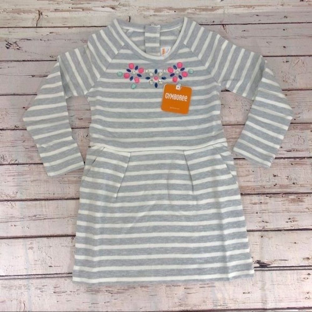 Gray Stripe Gem Embellishment Long-Sleeve Dress‎ 4